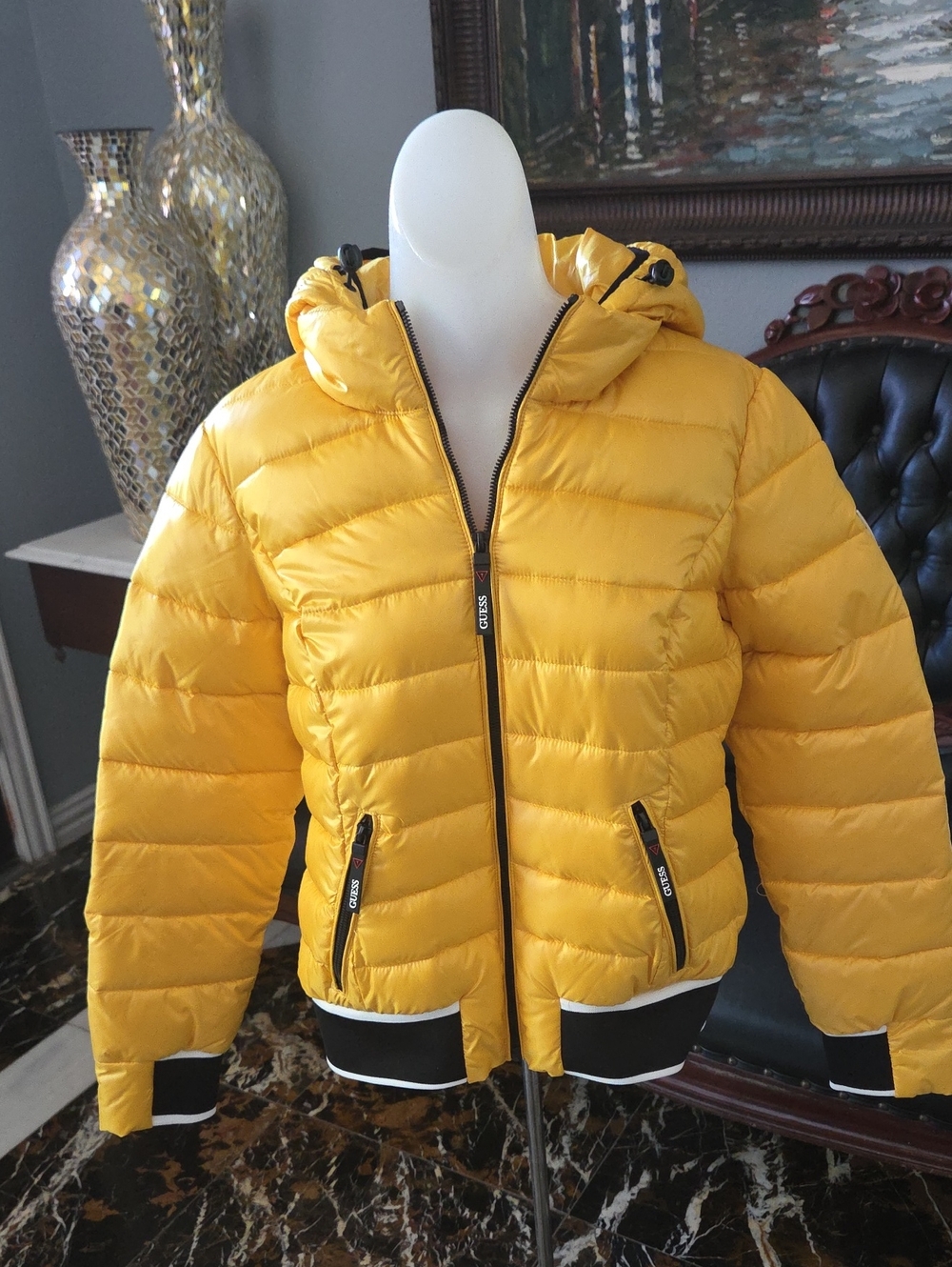 Guess Yellow Hooded Puffer Jacket